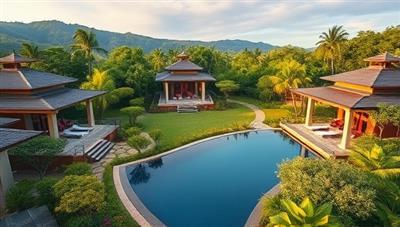 A serene landscape of ZenHaven Estates featuring luxury retreat villas surrounded by lush gardens, tranquil meditation spaces, and infinity pools, evoking a sense of peace, wellness, and luxury living in a harmonious natural setting.