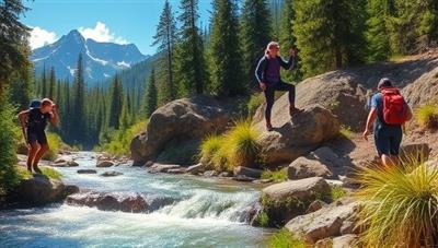 An exciting outdoor adventure scene featuring a group of travelers hiking through a lush forest, crossing a picturesque river, and admiring scenic mountain views, capturing the thrill and beauty of immersive adventure travel experiences with Wanderlust Wayfarer.