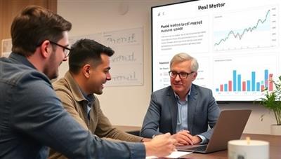 An experienced real estate mentor providing guidance and advice to a mentee through a virtual meeting, with charts and real estate market insights displayed in the background, illustrating a supportive and educational mentorship experience.