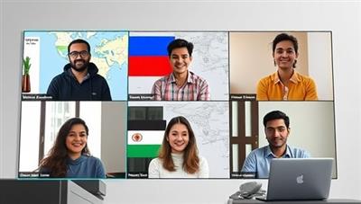 A virtual language exchange session with participants from different countries practicing language skills through video conferencing, showcasing the global connectivity and cultural exchange facilitated by LingoHub Online's platform.