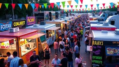 A bustling food truck rally event scene with a variety of gourmet trucks serving up tantalizing dishes, surrounded by crowds of happy attendees enjoying their meals, live music in the background, and colorful decorations enhancing the festive ambiance, capturing the vibrant and dynamic atmosphere of FlavorFest Express events.