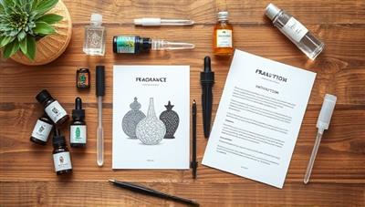 An aesthetically pleasing flat lay image showcasing the fragrance creation kit contents arranged neatly on a wooden table, including various essential oils, droppers, blending tools, and a beautifully designed instruction booklet, creating an inviting and creative atmosphere for scent exploration.