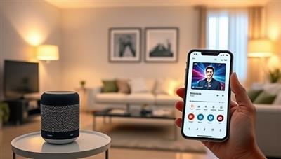 A modern living room setting with smart lights dimming, a smart speaker playing music, and a mobile phone displaying the app interface, illustrating a connected and futuristic home environment.