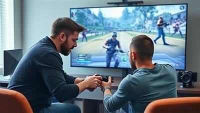 An experienced gaming coach mentoring a focused player, analyzing gameplay footage together on a large screen, with gaming consoles and controllers in the background, illustrating a dynamic and educational gaming coaching session.