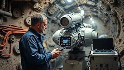 A maintenance technician conducting a check-up on a mining robot in an underground tunnel, surrounded by high-tech diagnostic tools and equipment, showcasing the precision and expertise of RoboCare Mining Solutions.
