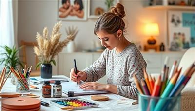 An evocative and calming image of a person engrossed in creating art during a virtual therapy session, surrounded by colorful art supplies and soothing decor, reflecting a safe and nurturing space for self-expression and healing.