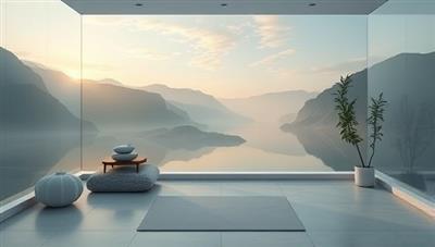 A serene virtual wellness space featuring tranquil nature scenes, calming colors, and mindfulness resources, evoking a sense of peace, relaxation, and emotional well-being, symbolizing a digital sanctuary for mental health and self-care.