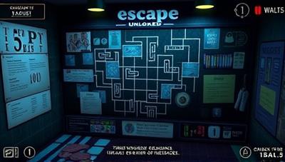 A virtual escape room scenario with intricate puzzles, hidden clues, and interactive elements displayed on a digital screen, creating a suspenseful and immersive gaming experience for players navigating the Escape Unlocked challenges.