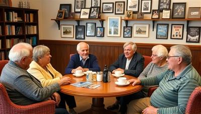 A warm and inviting café setting with comfortable seating, shelves of books, and framed photos, with seniors gathered around a table sharing stories, laughter, and cups of coffee, creating an atmosphere of connection and camaraderie.