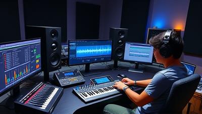 An online music production studio setup with digital audio workstations, MIDI controllers, and mixing equipment, featuring a beginner student creating music tracks and experimenting with sound effects in a virtual learning environment, symbolizing creativity and musical learning in the digital age.