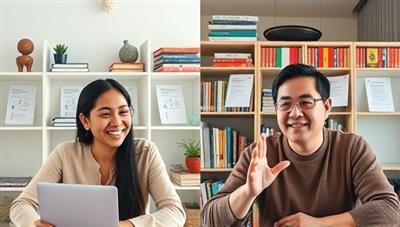 A split-screen image showing a diverse pair of individuals engaged in a lively language exchange conversation online, with language learning materials in the background, symbolizing cultural immersion and connection.