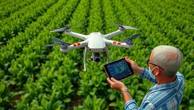 A drone hovering over a lush green crop field, capturing high-resolution images and data on crop health, with a farmer analyzing the insights on a tablet device, illustrating the use of drone technology for precision agriculture and farm optimization.