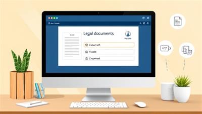 An engaging visualization of a computer screen showing a user-friendly interface where legal documents can be customized and generated with a few clicks, accompanied by icons representing different document types, simplifying the document creation process for users.