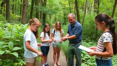 An engaging outdoor scene with a group of students and a guide exploring a lush forest trail, pointing out plant species and wildlife, with educational props like magnifying glasses and field guides, promoting hands-on learning in nature.