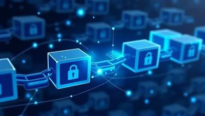 An illustration of interconnected blockchain blocks forming a digital chain, with financial data flowing securely between them, symbolizing transparency and data integrity in accounting processes.