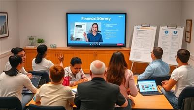 An online classroom setting with a diverse group of individuals attending a financial literacy course led by a virtual instructor, surrounded by interactive financial planning tools and resources, emphasizing the educational and empowering nature of WealthWise Academy.