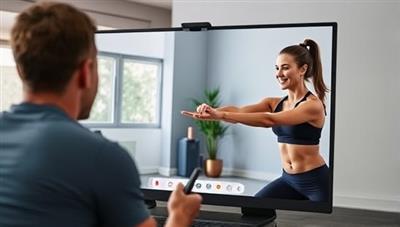 A virtual fitness coaching session in progress, with a trainer guiding a client through exercises via a video call, showcasing the personalized and interactive nature of FitConnect's virtual coaching network.