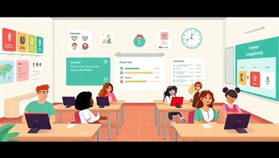 An animated language learning hub with virtual classrooms, diverse avatars practicing pronunciation, interactive language games, and progress trackers displaying language proficiency levels, illustrating the dynamic and immersive language learning experience on the platform.