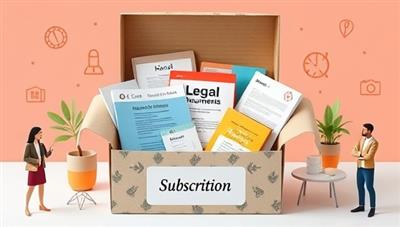 An engaging and colorful subscription box filled with legal documents, compliance guides, and business law resources, surrounded by icons representing small businesses and entrepreneurs, conveying practicality and support for legal matters.
