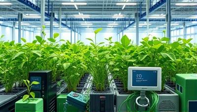 An artistic representation of electronic devices being transformed into vibrant green plants in a futuristic recycling plant, symbolizing the concept of tech regeneration and environmental sustainability.