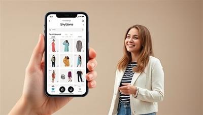 An engaging visual of a smartphone screen displaying the StyleGenie app interface with various outfit suggestions and a happy user interacting with the AI assistant, creating a seamless and enjoyable shopping experience.