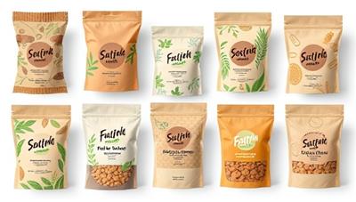 A series of eco-friendly packaging designs featuring natural textures, earthy colors, and customizable branding elements, highlighting the sustainability and versatility of the packaging solutions.
