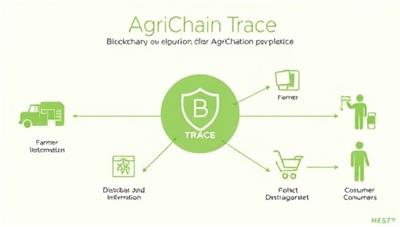An infographic displaying the blockchain-based AgriChain Trace platform, illustrating the secure and transparent flow of information from farm to consumer, with icons representing farmers, distributors, and consumers connected through blockchain technology.