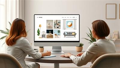 An artistic rendering of a virtual interior design consultation session, featuring a designer presenting a mood board and furniture layout on a computer screen, with stylish decor elements and color swatches in the background, conveying creativity and elegance.