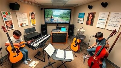 An interactive music studio setting with beginner musicians engaging in virtual music lessons, surrounded by musical instruments, sheet music, and creative musical elements, fostering a love for music and learning in a dynamic online environment.