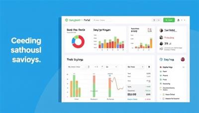 A digital interface showcasing the SavvySpend Portal dashboard with colorful graphs displaying budget breakdowns and savings progress, alongside motivational messages and savings tips, conveying simplicity and financial empowerment.