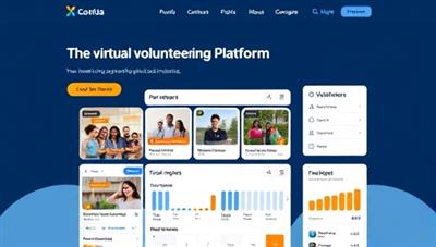 A virtual volunteering platform interface showcasing diverse volunteer projects, interactive collaboration tools, and global impact statistics, symbolizing community engagement and social change.