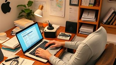 An organized home office setup with a freelancer using FreeFin Suite on a laptop, surrounded by receipts, invoices, and financial documents, showcasing the efficiency and convenience of managing freelance finances with the toolkit, creating a stress-free and productive work environment.
