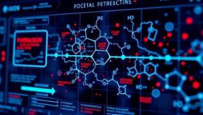 An artistic visualization of the PharmaGen AI platform interface, displaying complex data analytics and AI algorithms mapping out drug interactions and molecular structures, symbolizing innovation and scientific discovery in pharmaceutical research.
