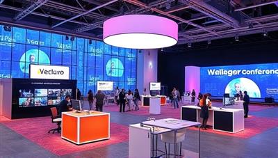A virtual event space rendered in 3D, featuring interactive booths, virtual networking areas, and live streaming stages for hosting online conferences and events, showcasing the versatility and creativity of virtual event experiences.