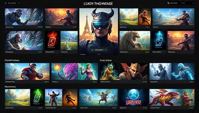 An artistic showcase featuring a variety of digital gaming assets, including character designs, background art, music tracks, and animation samples, displayed in a virtual gallery setting, illustrating the diverse and creative offerings available on the online gaming content marketplace.