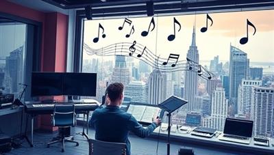 A dynamic visual representation of a virtual music studio with a mentor guiding a student through a composition, musical notes floating in the air, and a backdrop of a bustling music cityscape, evoking creativity and mentorship in music.