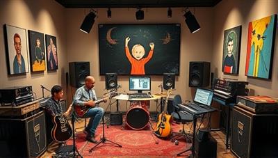 An inspiring image of a virtual music studio with mentors and mentees collaborating on a music project, surrounded by musical instruments, recording equipment, and creative artwork, highlighting the collaborative and educational aspects of the platform.