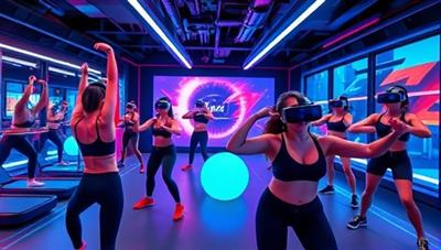 A dynamic virtual reality gym environment with users wearing VR headsets, engaging in interactive workout routines led by virtual trainers, surrounded by futuristic exercise equipment and motivational visuals, illustrating the immersive fitness experience of FitSphere VR.