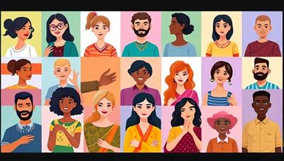 A vibrant digital interface showcasing diverse avatars engaging in virtual language exchanges, cultural activities, and interactive learning experiences, representing a dynamic and inclusive global community.