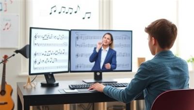 An inspiring virtual music lesson scene where a student engages with a digital music instructor on a screen, showcasing musical notes, instruments, and a creative music learning environment, fostering a passion for music education and skill development.