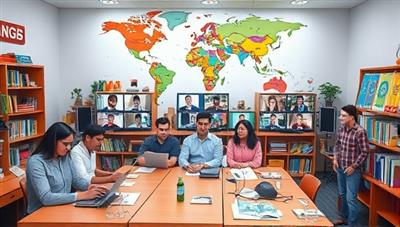 An immersive virtual classroom scene with diverse language learners interacting through video calls, language exercises, and cultural presentations, set against a backdrop of world maps, language books, and digital language tools, fostering a dynamic and collaborative learning environment.
