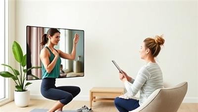 An uplifting visual of a virtual wellness coaching session, with a coach guiding a client through a personalized fitness routine, discussing nutrition goals, and providing motivational support, creating a positive and empowering atmosphere representative of WellnessWave Connect's holistic approach to health and wellness coaching.