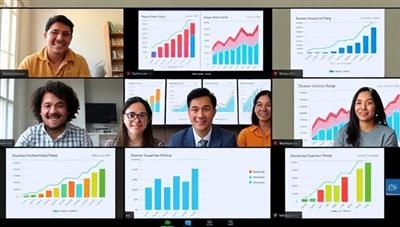 A dynamic and diverse group of individuals engaged in a virtual financial coaching session, with visuals of charts and graphs demonstrating financial progress and success stories in the background.