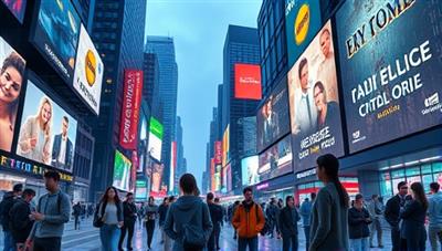 An artistic rendering of a virtual cityscape filled with interactive digital billboards and advertisements, with avatars of diverse users engaging with the content, creating a visually stunning and futuristic advertising environment.