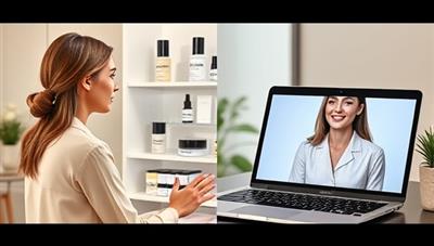 A split-screen image showing a beauty consultant providing virtual skincare advice to a client, with a range of skincare products displayed on one side and a laptop showing the virtual consultation on the other side, highlighting personalized beauty guidance.