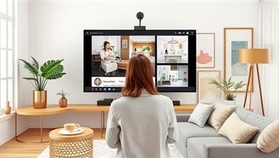 An aesthetically pleasing digital artwork featuring a virtual interior design consultation session, with a designer presenting mood boards and room visualizations to a client via video call, surrounded by stylish decor elements and color samples, illustrating a modern and interactive design experience.