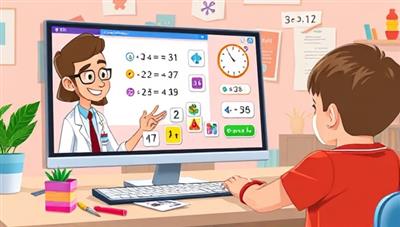 An online math tutoring session featuring an animated tutor explaining math concepts using colorful visuals and interactive tools, with a young student actively participating and solving problems, creating a dynamic and engaging learning environment for elementary math education.