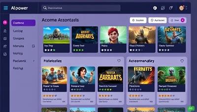 An AI-powered interface showcasing a personalized game recommendation dashboard with diverse game titles, ratings, and player reviews, demonstrating the platform's intelligent matchmaking capabilities.