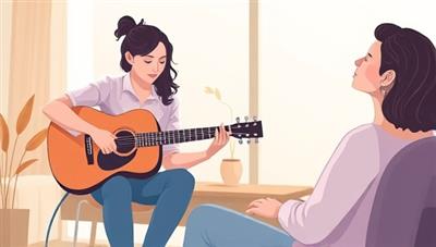 A virtual music therapy session depicted through a serene digital illustration of a therapist playing a guitar while a client listens with closed eyes, conveying a sense of relaxation, healing, and emotional connection through music.
