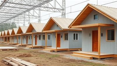 An assembly line of prefabricated disaster-resistant homes being constructed with innovative materials and reinforced structures, showcasing the strength and resilience of these homes against natural calamities, evoking a sense of safety and security in vulnerable communities.